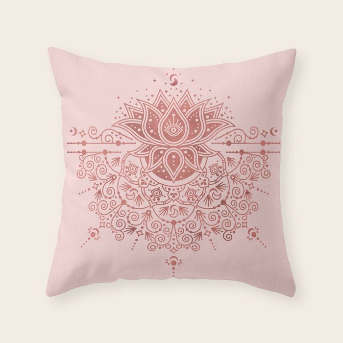 Sacred Lotus Mandala - Rose Gold & Blush Palette Throw Pillow Gallery Image 1