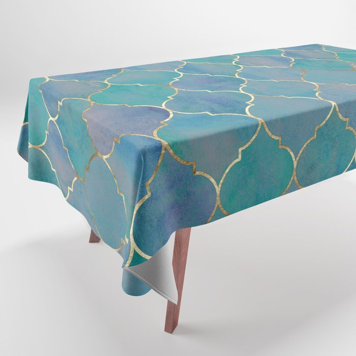Teal Purple Gold Quatrefoil Moroccan Pattern II Tablecloth Gallery Image 1