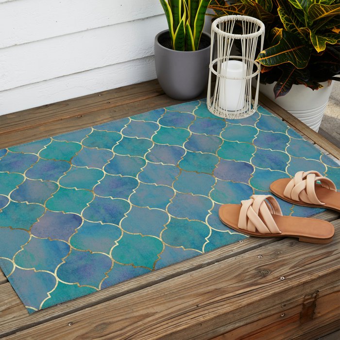 Teal Purple Gold Quatrefoil Moroccan Pattern II Outdoor Rug Gallery Image 2