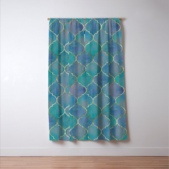Teal Purple Gold Quatrefoil Moroccan Pattern II Window Curtain Gallery Image 3