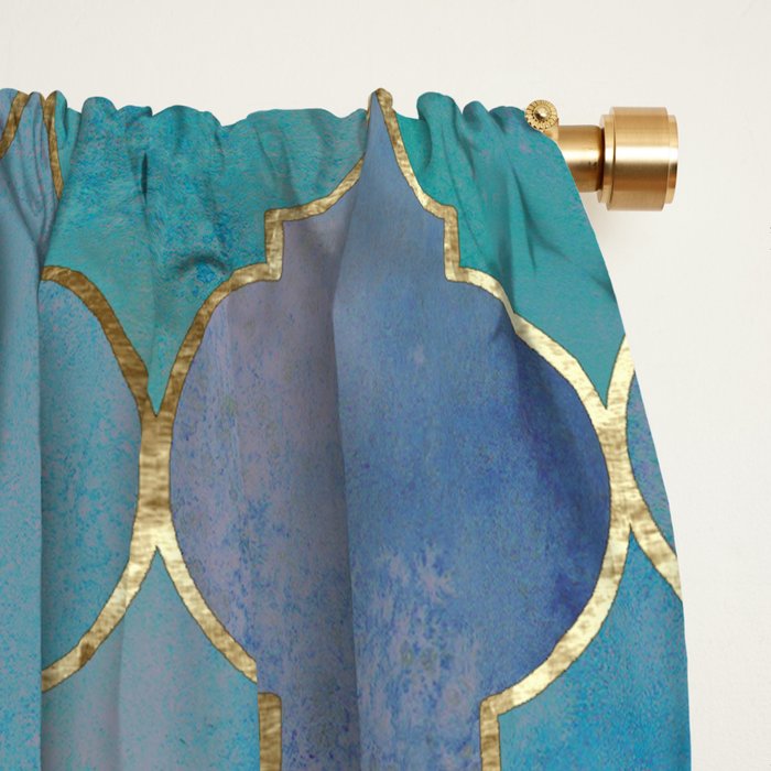 Teal Purple Gold Quatrefoil Moroccan Pattern II Window Curtain Gallery Image 2