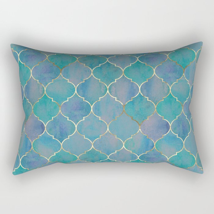 Teal Purple Gold Quatrefoil Moroccan Pattern II Rectangular Pillow Gallery Image 2