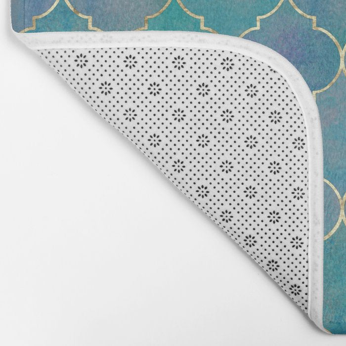 Teal Purple Gold Quatrefoil Moroccan Pattern II Bath Mat Gallery Image 2
