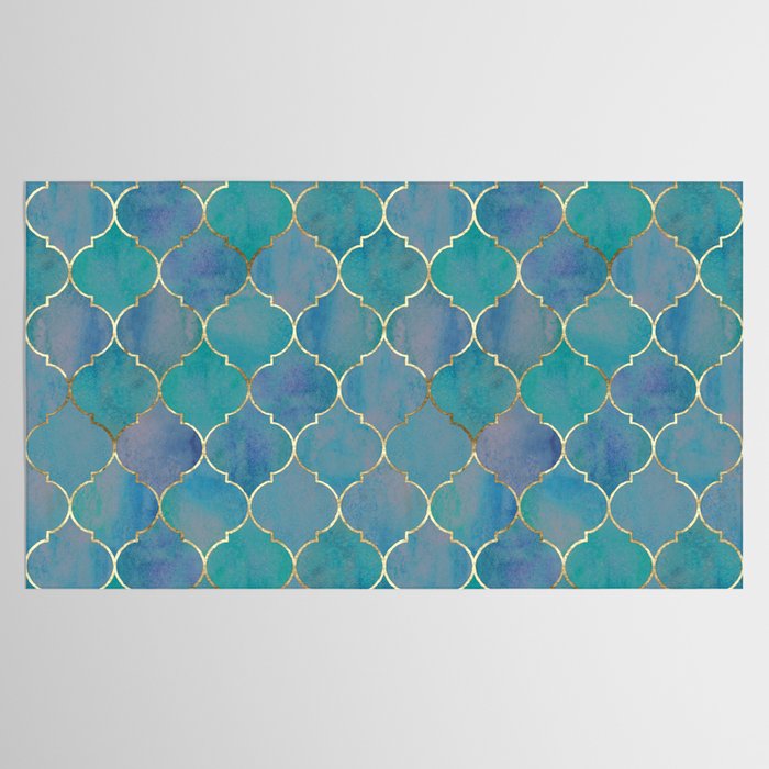 Teal Purple Gold Quatrefoil Moroccan Pattern II Tablecloth Gallery Image 2