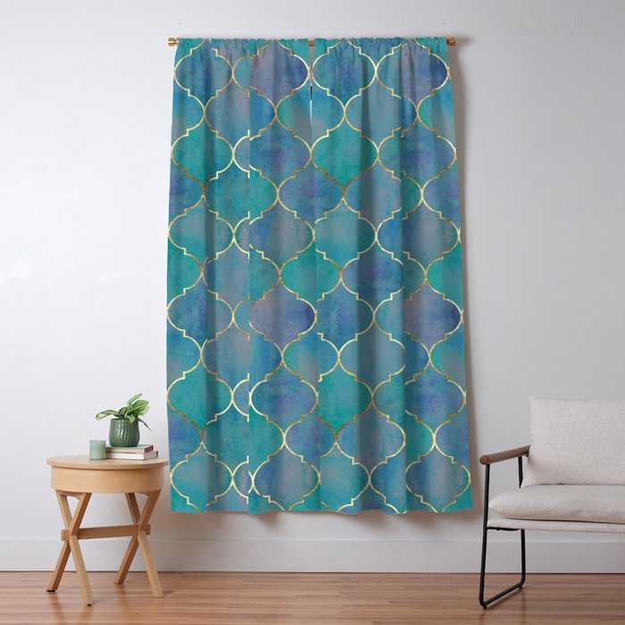 Teal Purple Gold Quatrefoil Moroccan Pattern II Window Curtain Gallery Image 5