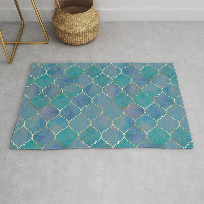 Teal Purple Gold Quatrefoil Moroccan Pattern II Rug Gallery Image 1