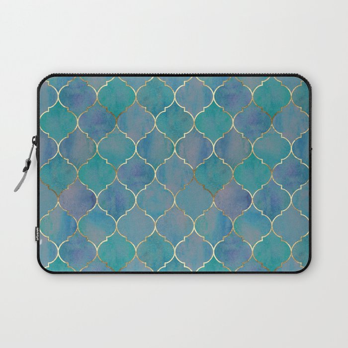 Teal Purple Gold Quatrefoil Moroccan Pattern II Laptop Sleeve Gallery Image 1