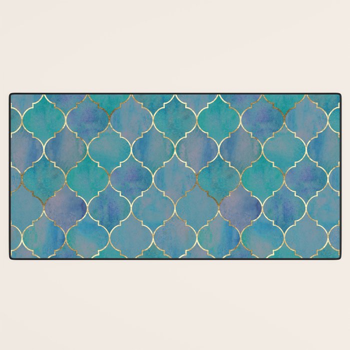 Teal Purple Gold Quatrefoil Moroccan Pattern II Desk Mat Gallery Image 3