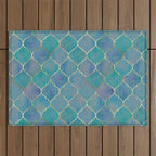 Teal Purple Gold Quatrefoil Moroccan Pattern II Outdoor Rug Gallery Image 1