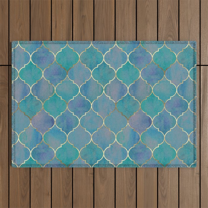 Teal Purple Gold Quatrefoil Moroccan Pattern II Outdoor Rug Gallery Image 1