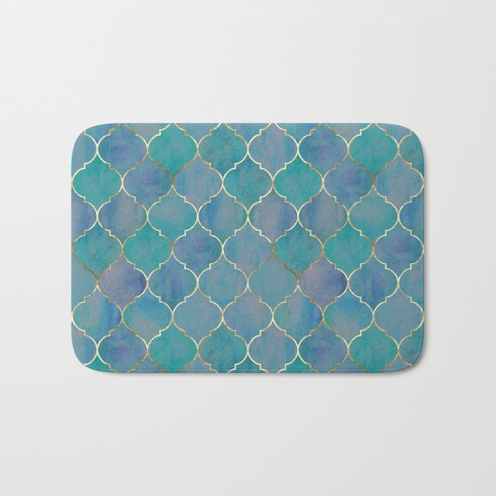 Teal Purple Gold Quatrefoil Moroccan Pattern II Bath Mat Gallery Image 1