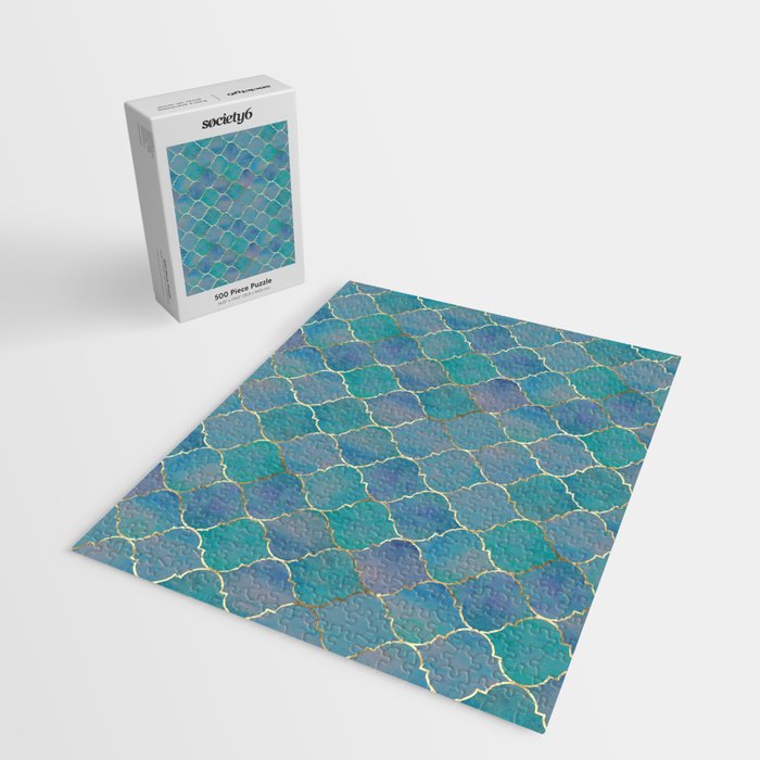 Teal Purple Gold Quatrefoil Moroccan Pattern II Jigsaw Puzzle Gallery Image 2