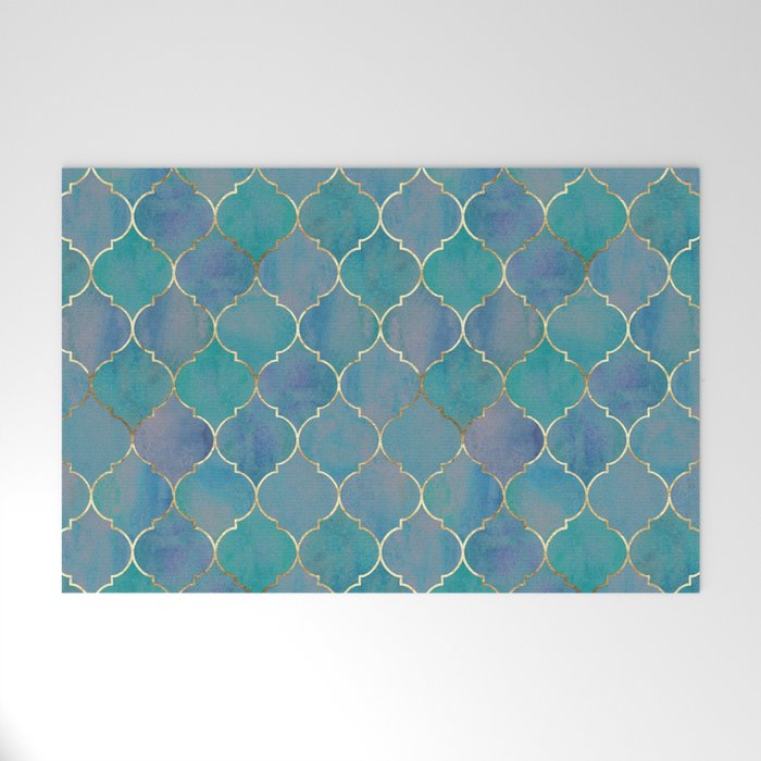 Teal Purple Gold Quatrefoil Moroccan Pattern II Welcome Mat Gallery Image 1