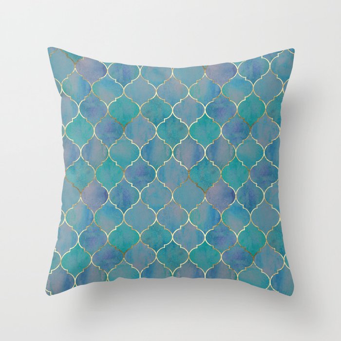 Teal Purple Gold Quatrefoil Moroccan Pattern II Throw Pillow Gallery Image 6
