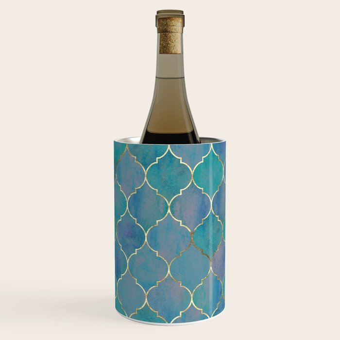 Teal Purple Gold Quatrefoil Moroccan Pattern II Wine Chiller Gallery Image 1