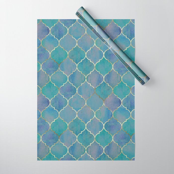Teal Purple Gold Quatrefoil Moroccan Pattern II Wrapping Paper Gallery Image 1