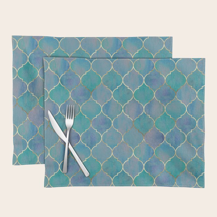 Teal Purple Gold Quatrefoil Moroccan Pattern II Placemat Gallery Image 1