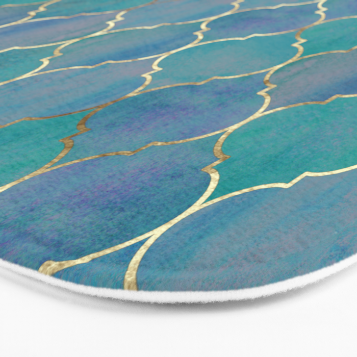 Teal Purple Gold Quatrefoil Moroccan Pattern II Bath Mat Gallery Image 3