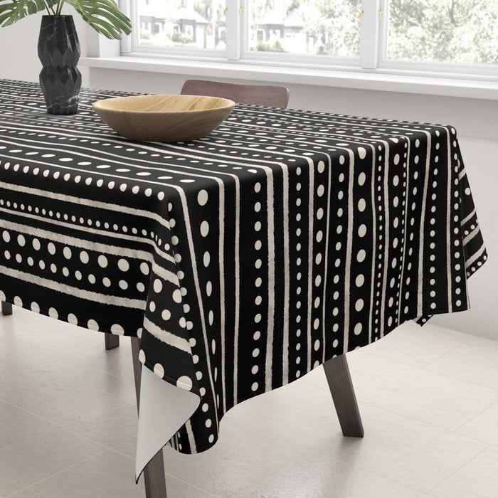 Bamako Striped and Dotted Pattern in Black and Almond Cream Tablecloth Gallery Image 3
