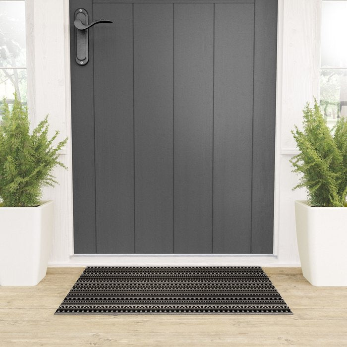 Bamako Striped and Dotted Pattern in Black and Almond Cream Welcome Mat Gallery Image 3