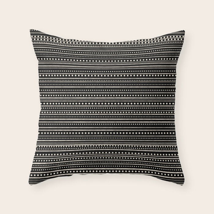 Bamako Striped and Dotted Pattern in Black and Almond Cream Throw Pillow Gallery Image 1