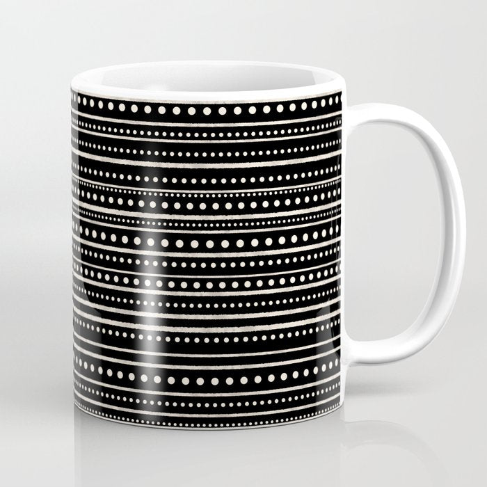 Bamako Striped and Dotted Pattern in Black and Almond Cream Coffee Mug Gallery Image 1