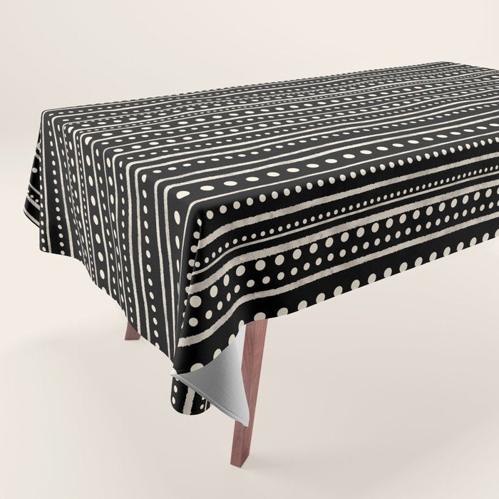 Bamako Striped and Dotted Pattern in Black and Almond Cream Tablecloth Gallery Image 1