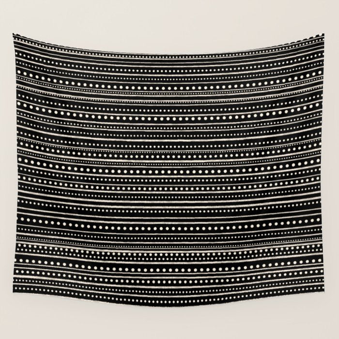 Bamako Striped and Dotted Pattern in Black and Almond Cream Wall Tapestry Gallery Image 1