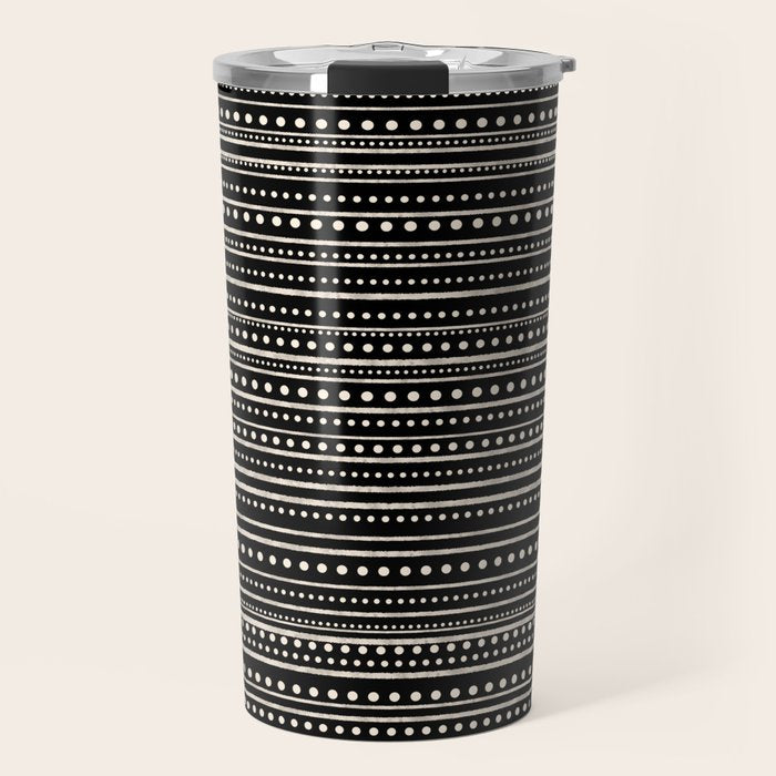 Bamako Striped and Dotted Pattern in Black and Almond Cream Travel Mug Gallery Image 1