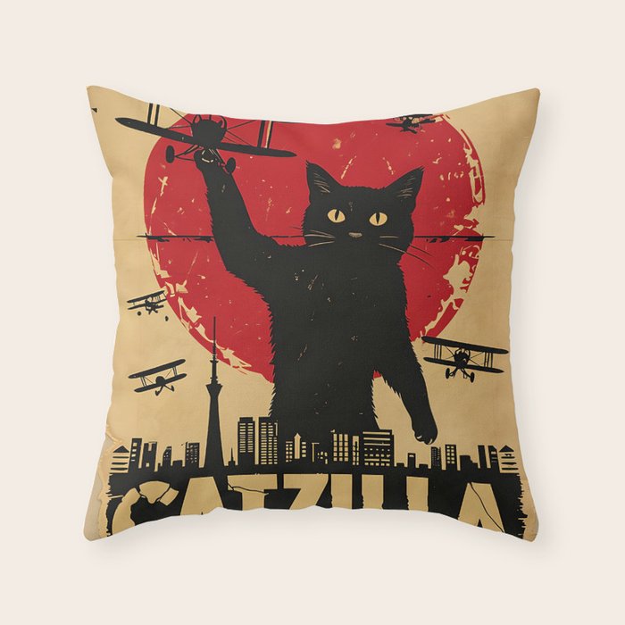 Catzilla vintage poster Throw Pillow Gallery Image 6