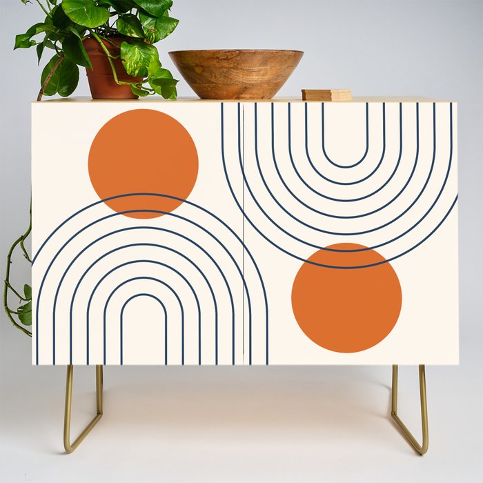 Mid Century Modern Geometric 88 in Navy Blue and Orange (Rainbow and Sun Abstraction) Credenza Gallery Image 1