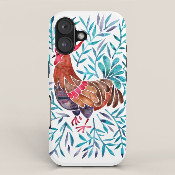 Le Coq - Watercolor Rooster with Turquoise Leaves iPhone Case Gallery Image 1