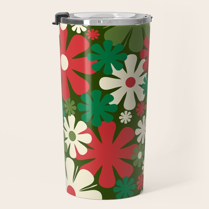 Retro Christmas Flowers 60s 70s Aesthetic Floral Pattern in Vintage Green Red Cream Travel Mug Gallery Image 3
