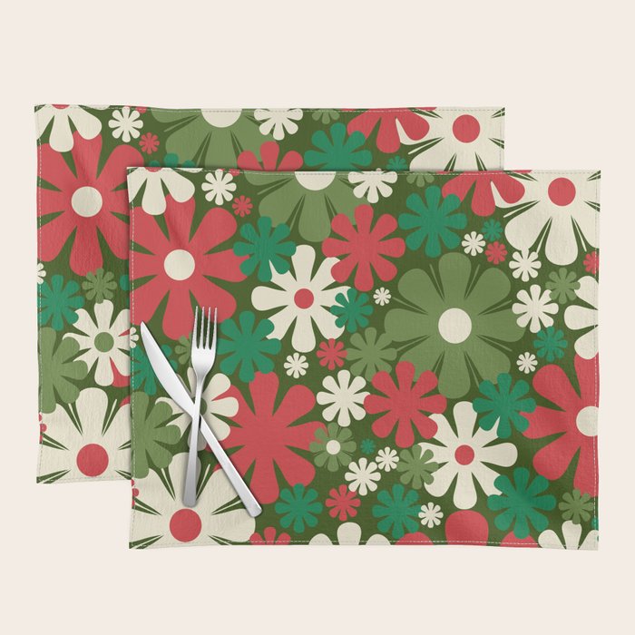 Retro Christmas Flowers 60s 70s Aesthetic Floral Pattern in Vintage Green Red Cream Placemat Gallery Image 1