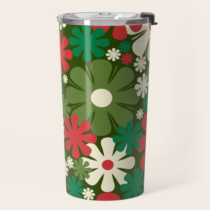 Retro Christmas Flowers 60s 70s Aesthetic Floral Pattern in Vintage Green Red Cream Travel Mug Gallery Image 2