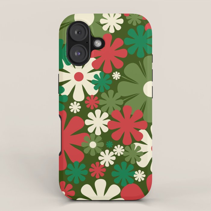 Retro Christmas Flowers 60s 70s Aesthetic Floral Pattern in Vintage Green Red Cream iPhone Case Gallery Image 1