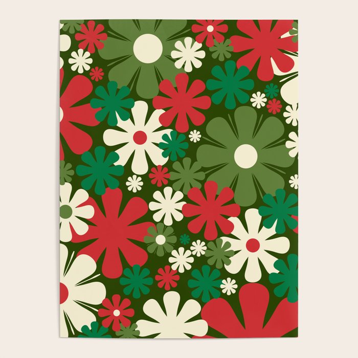 Retro Christmas Flowers 60s 70s Aesthetic Floral Pattern in Vintage Green Red Cream Poster Gallery Image 4