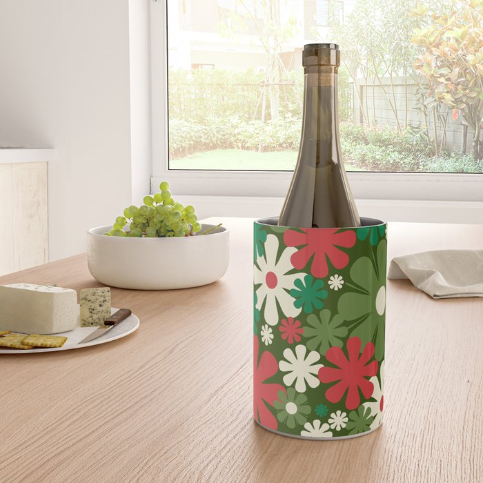 Retro Christmas Flowers 60s 70s Aesthetic Floral Pattern in Vintage Green Red Cream Wine Chiller Gallery Image 4