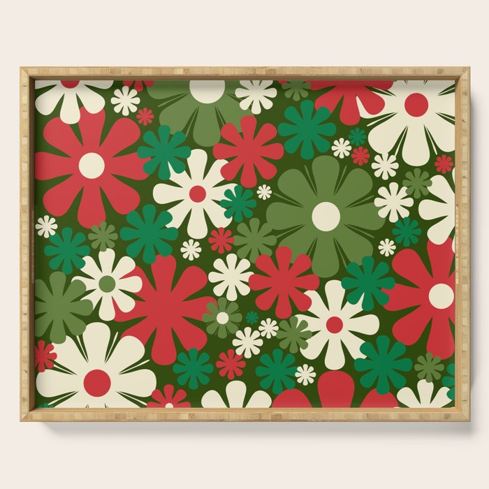 Retro Christmas Flowers 60s 70s Aesthetic Floral Pattern in Vintage Green Red Cream Serving Tray Gallery Image 1