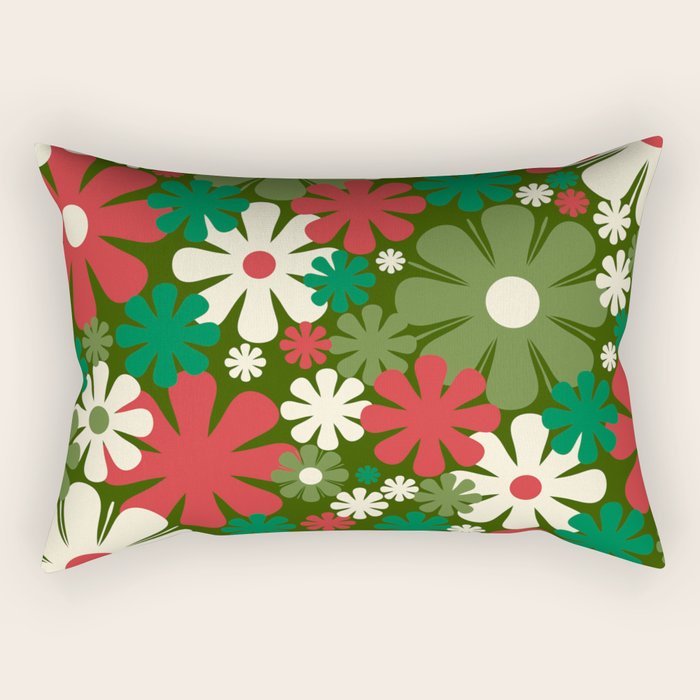Retro Christmas Flowers 60s 70s Aesthetic Floral Pattern in Vintage Green Red Cream Rectangular Pillow Gallery Image 2