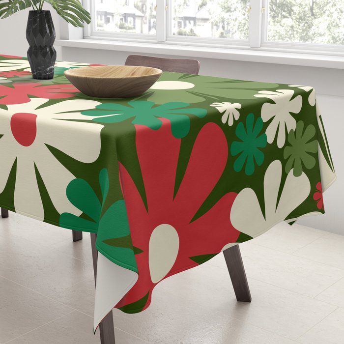 Retro Christmas Flowers 60s 70s Aesthetic Floral Pattern in Vintage Green Red Cream Tablecloth Gallery Image 3
