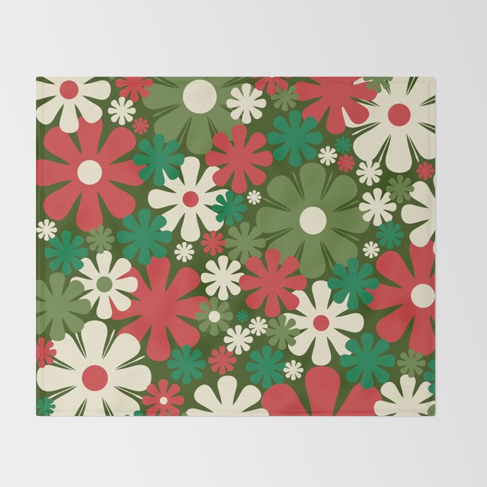 Retro Christmas Flowers 60s 70s Aesthetic Floral Pattern in Vintage Green Red Cream Throw Blanket Gallery Image 2
