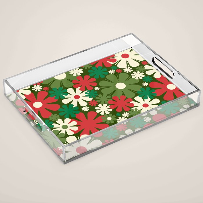 Retro Christmas Flowers 60s 70s Aesthetic Floral Pattern in Vintage Green Red Cream Acrylic Tray Gallery Image 1