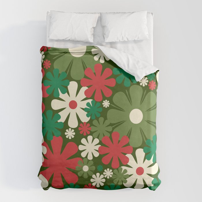Retro Christmas Flowers 60s 70s Aesthetic Floral Pattern in Vintage Green Red Cream Duvet Cover Gallery Image 1