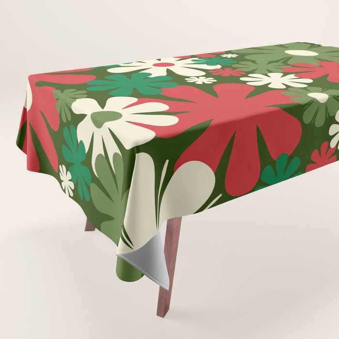 Retro Christmas Flowers 60s 70s Aesthetic Floral Pattern in Vintage Green Red Cream Tablecloth Gallery Image 1