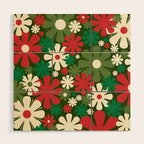 Retro Christmas Flowers 60s 70s Aesthetic Floral Pattern in Vintage Green Red Cream Wood Wall Art Gallery Image 1