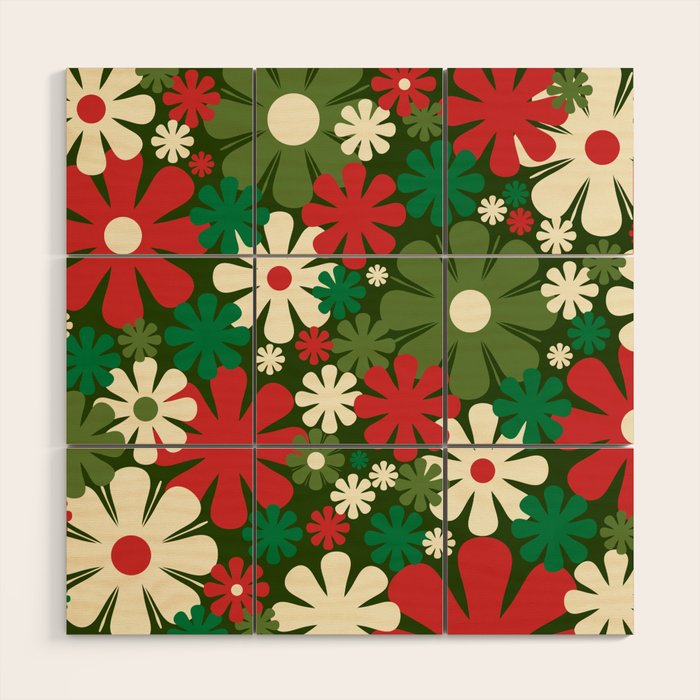 Retro Christmas Flowers 60s 70s Aesthetic Floral Pattern in Vintage Green Red Cream Wood Wall Art Gallery Image 1