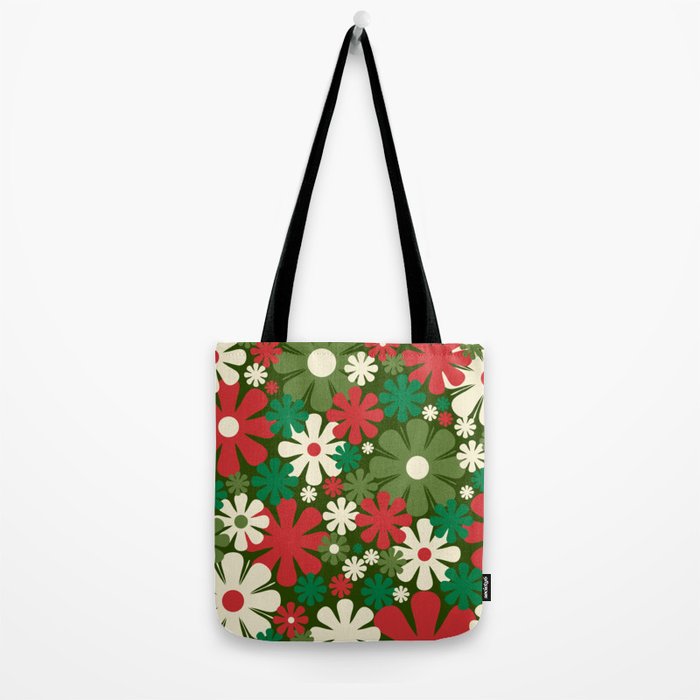 Retro Christmas Flowers 60s 70s Aesthetic Floral Pattern in Vintage Green Red Cream Tote Bag Gallery Image 2