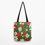 Retro Christmas Flowers 60s 70s Aesthetic Floral Pattern in Vintage Green Red Cream Tote Bag Gallery Image 2