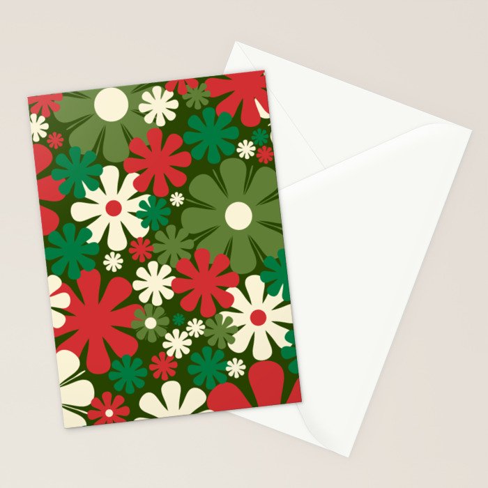 Retro Christmas Flowers 60s 70s Aesthetic Floral Pattern in Vintage Green Red Cream Stationery Card Gallery Image 2